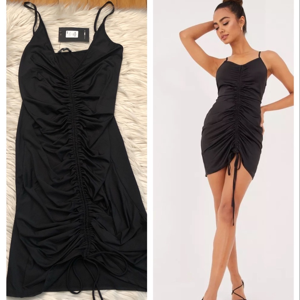 Fashion Nova Ruched Bodycon Black Spaghetti Straps V-neck Mini Dress Size L NWT